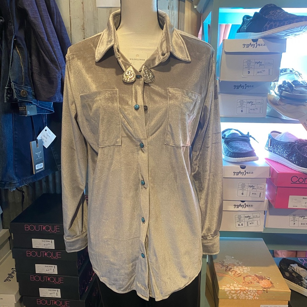 Boutique Beige Velvet Button-Up Shirt